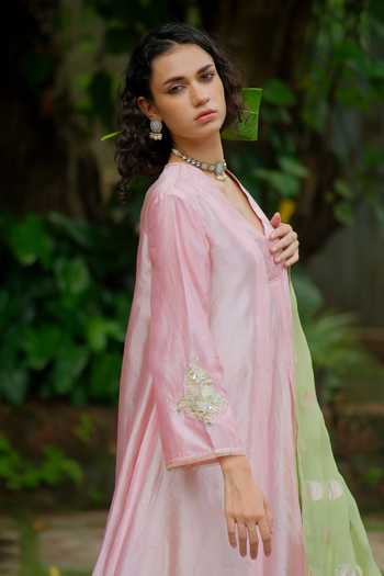 Shop_Myoho_Multicolor Dupion, Chanderi Silk V-neck Layered Colorblock Kurta Palazzo Set _Online_at_Aza_Fashions