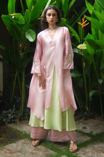 Myoho_Multicolor Dupion, Chanderi Silk V-neck Layered Colorblock Kurta Palazzo Set _at_Aza_Fashions