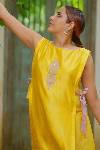 Myoho_Yellow Chanderi Silk, Dupion Embroidery Round Neck Kurta And Palazzo Set _Online_at_Aza_Fashions