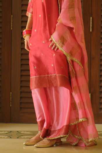 Myoho_Red Chanderi Silk Round Neck Embroidered Kurta Palazzo Set _Online_at_Aza_Fashions