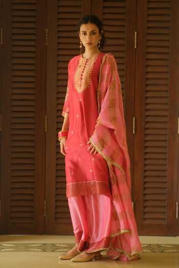 Buy_Myoho_Red Chanderi Silk Round Neck Embroidered Kurta Palazzo Set _Online_at_Aza_Fashions