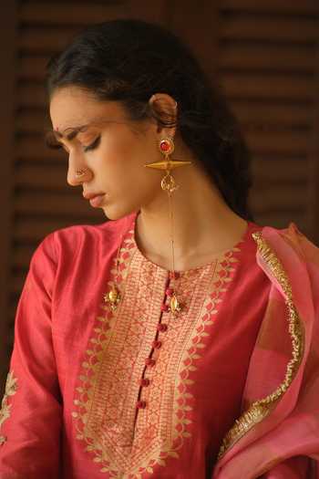 Shop_Myoho_Red Chanderi Silk Round Neck Embroidered Kurta Palazzo Set _Online_at_Aza_Fashions
