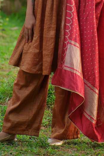 Myoho_Brown Tissue Round Neck, Yes Embroidered Kurta Set _Online_at_Aza_Fashions