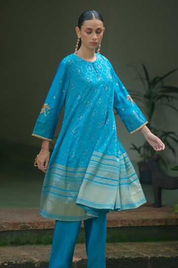 Myoho_Blue Silk, , Silk, Brocade Round Embroidered Kurta And Pant Set _Online_at_Aza_Fashions