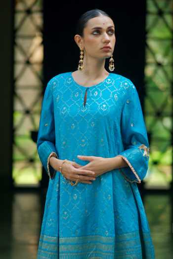 Buy_Myoho_Blue Silk, , Silk, Brocade Round Embroidered Kurta And Pant Set _Online_at_Aza_Fashions