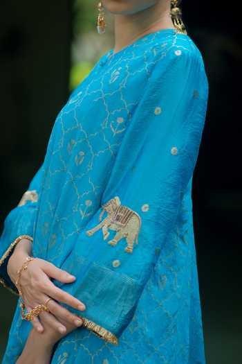 Myoho_Blue Silk, , Silk, Brocade Round Embroidered Kurta And Pant Set _at_Aza_Fashions