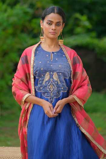 Myoho_Blue Tissue, Dupion, Silk Keyhole Neck, Yes Yoke Embroidered Kurta Set _Online_at_Aza_Fashions