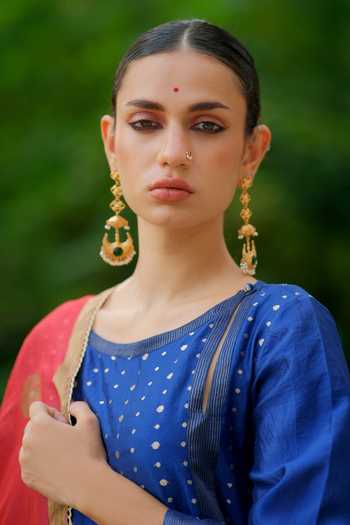 Myoho_Blue , Silk, Brocade Round Neck, Yes Woven Kurta Set _Online_at_Aza_Fashions