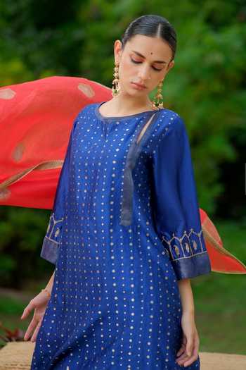 Buy_Myoho_Blue , Silk, Brocade Round Neck, Yes Woven Kurta Set _Online_at_Aza_Fashions