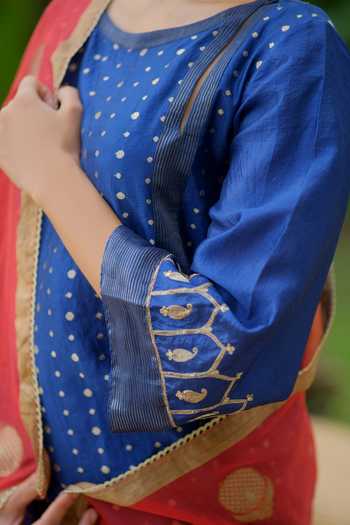 Shop_Myoho_Blue , Silk, Brocade Round Neck, Yes Woven Kurta Set _Online_at_Aza_Fashions