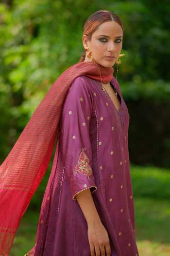 Myoho_Purple Chanderi Silk, Brocade V-neck Embroidered Kurta Set _Online_at_Aza_Fashions