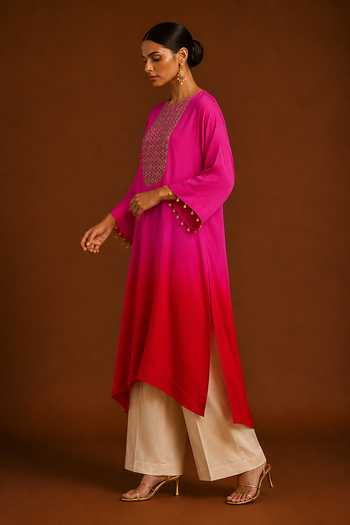 AFRIYA Multicolor Satin, Organza, Chanderi Silk Round Ombre Embroidered Kaftan And Pant Set at Aza Fashions AFRIYA_Multicolor Satin, Organza, Chanderi Silk Round Ombre Embroidered Kaftan And Pant Set _at_Aza_Fashions