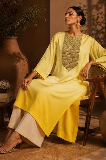 Buy AFRIYA Yellow Satin, Organza, Chanderi Silk Round Yoke Embroidered Kaftan And Pant Set Online at Aza Fashions Buy_AFRIYA_Yellow Satin, Organza, Chanderi Silk Round Yoke Embroidered Kaftan And Pant Set _Online_at_Aza_Fashions