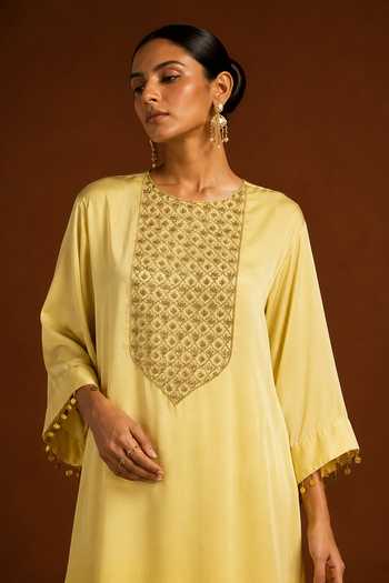 Shop AFRIYA Yellow Satin, Organza, Chanderi Silk Round Yoke Embroidered Kaftan And Pant Set Online at Aza Fashions Shop_AFRIYA_Yellow Satin, Organza, Chanderi Silk Round Yoke Embroidered Kaftan And Pant Set _Online_at_Aza_Fashions