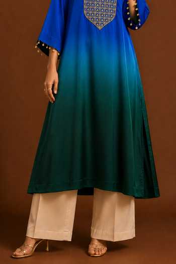 Shop AFRIYA Blue Organza, Satin, Chanderi Silk Round Neck Ombre Kaftan And Pant Set Online at Aza Fashions Shop_AFRIYA_Blue Organza, Satin, Chanderi Silk Round Neck Ombre Kaftan And Pant Set _Online_at_Aza_Fashions
