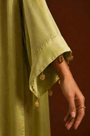 AFRIYA Olive Green Organza, Satin, Chanderi Placement Embroidered Kaftan And Pant Set Online at Aza Fashions AFRIYA_Olive Green Organza, Satin, Chanderi Placement Embroidered Kaftan And Pant Set _Online_at_Aza_Fashions