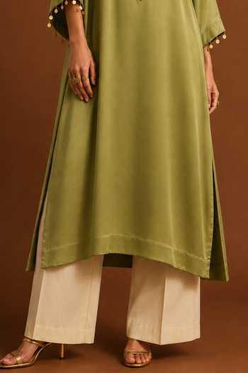 Shop AFRIYA Olive Green Organza, Satin, Chanderi Placement Embroidered Kaftan And Pant Set Online at Aza Fashions Shop_AFRIYA_Olive Green Organza, Satin, Chanderi Placement Embroidered Kaftan And Pant Set _Online_at_Aza_Fashions