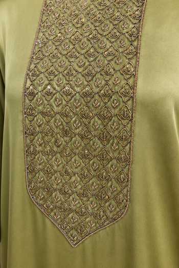 AFRIYA Olive Green Organza, Satin, Chanderi Placement Embroidered Kaftan And Pant Set at Aza Fashions AFRIYA_Olive Green Organza, Satin, Chanderi Placement Embroidered Kaftan And Pant Set _at_Aza_Fashions