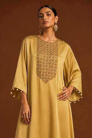 AFRIYA_Gold Organza, Satin, Chanderi Silk Round Neck Embroidered Kaftan And Pant Set _Online_at_Aza_Fashions