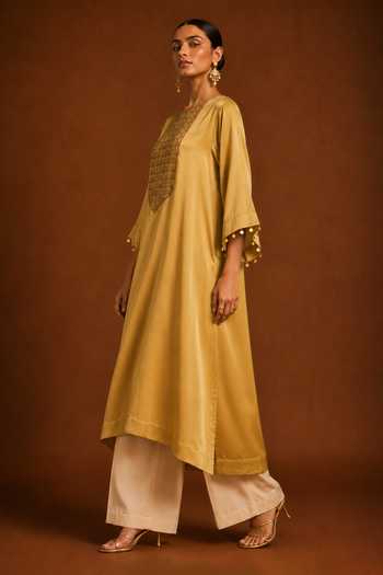 Buy_AFRIYA_Gold Organza, Satin, Chanderi Silk Round Neck Embroidered Kaftan And Pant Set _Online_at_Aza_Fashions
