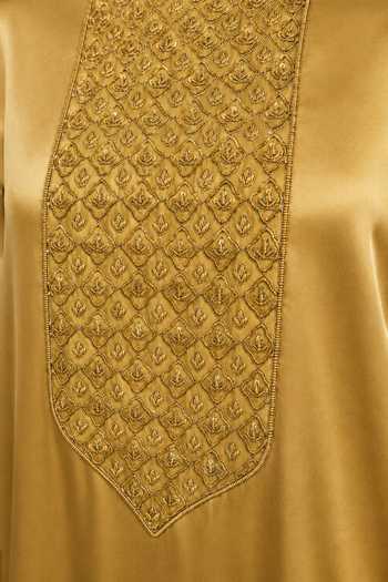 Shop_AFRIYA_Gold Organza, Satin, Chanderi Silk Round Neck Embroidered Kaftan And Pant Set _Online_at_Aza_Fashions