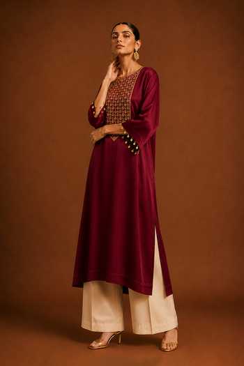 AFRIYA Maroon Organza, Satin, Chanderi Silk Round Neck Embroidered Kaftan And Pant Set Online at Aza Fashions AFRIYA_Maroon Organza, Satin, Chanderi Silk Round Neck Embroidered Kaftan And Pant Set _Online_at_Aza_Fashions