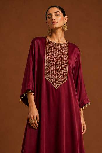 Buy AFRIYA Maroon Organza, Satin, Chanderi Silk Round Neck Embroidered Kaftan And Pant Set Online at Aza Fashions Buy_AFRIYA_Maroon Organza, Satin, Chanderi Silk Round Neck Embroidered Kaftan And Pant Set _Online_at_Aza_Fashions