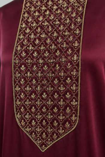 Shop AFRIYA Maroon Organza, Satin, Chanderi Silk Round Neck Embroidered Kaftan And Pant Set Online at Aza Fashions Shop_AFRIYA_Maroon Organza, Satin, Chanderi Silk Round Neck Embroidered Kaftan And Pant Set _Online_at_Aza_Fashions