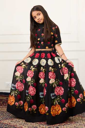 Mamma Plz Black Chanderi Floral Print Blouse And Lehenga Set Online at Aza Fashions Mamma Plz_Black Chanderi Floral Print Blouse And Lehenga Set _Online_at_Aza_Fashions