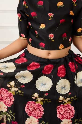 Buy Mamma Plz Black Chanderi Floral Print Blouse And Lehenga Set Online at Aza Fashions Buy_Mamma Plz_Black Chanderi Floral Print Blouse And Lehenga Set _Online_at_Aza_Fashions