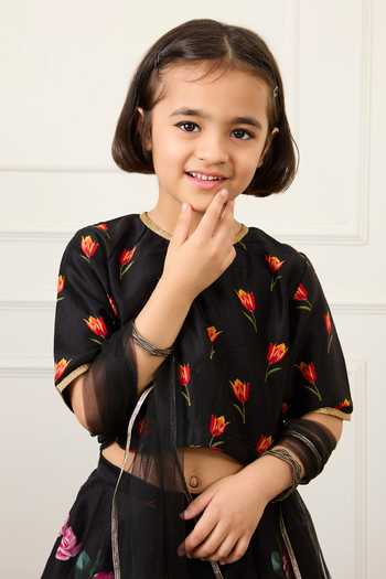 Mamma Plz Black Chanderi Tulip Print Lehenga Set Online at Aza Fashions Mamma Plz_Black Chanderi Tulip Print Lehenga Set _Online_at_Aza_Fashions