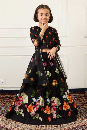 Shop Mamma Plz Black Chanderi Tulip Print Lehenga Set Online at Aza Fashions Shop_Mamma Plz_Black Chanderi Tulip Print Lehenga Set _Online_at_Aza_Fashions