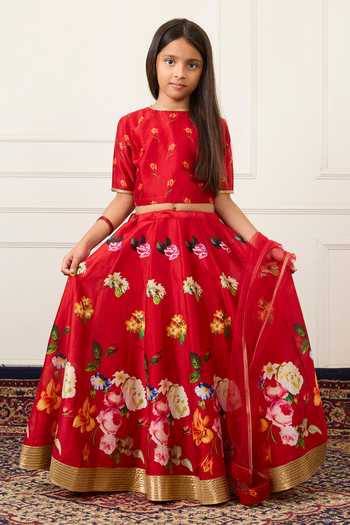 Buy Mamma Plz Red Chanderi, Voile Printed Lehenga Set Buy_Mamma Plz_Red Chanderi, Voile Printed Lehenga Set
