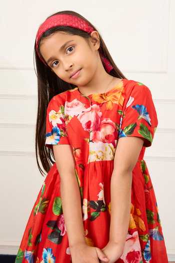 Mamma Plz Red Chanderi, Voile Floral Print Dress Online at Aza Fashions Mamma Plz_Red Chanderi, Voile Floral Print Dress _Online_at_Aza_Fashions