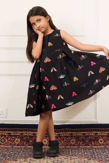 Shop Mamma Plz Black Chanderi, Voile Butterfly Moth Print Dress Online at Aza Fashions Shop_Mamma Plz_Black Chanderi, Voile Butterfly Moth Print Dress _Online_at_Aza_Fashions