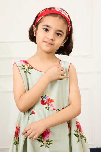 Mamma Plz Green Chanderi, Voile Floral Print Dress Online at Aza Fashions Mamma Plz_Green Chanderi, Voile Floral Print Dress _Online_at_Aza_Fashions