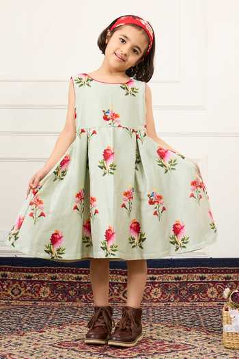 Buy Mamma Plz Green Chanderi, Voile Floral Print Dress Online at Aza Fashions Buy_Mamma Plz_Green Chanderi, Voile Floral Print Dress _Online_at_Aza_Fashions