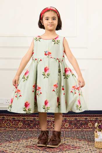 Shop Mamma Plz Green Chanderi, Voile Floral Print Dress Online at Aza Fashions Shop_Mamma Plz_Green Chanderi, Voile Floral Print Dress _Online_at_Aza_Fashions