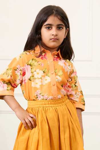 Mamma Plz Yellow Chanderi, Voile Printed Shirt And Skirt Set Online at Aza Fashions Mamma Plz_Yellow Chanderi, Voile Printed Shirt And Skirt Set _Online_at_Aza_Fashions