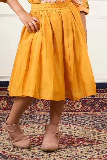 Shop Mamma Plz Yellow Chanderi, Voile Printed Shirt And Skirt Set Online at Aza Fashions Shop_Mamma Plz_Yellow Chanderi, Voile Printed Shirt And Skirt Set _Online_at_Aza_Fashions
