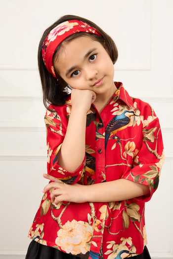 Mamma Plz Red Chanderi Printed Shirt And Skirt Set Online at Aza Fashions Mamma Plz_Red Chanderi Printed Shirt And Skirt Set _Online_at_Aza_Fashions