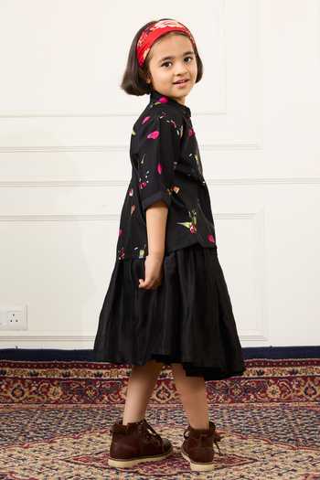 Shop Mamma Plz Black Chanderi, Voile Printed Shirt And Skirt Set Online at Aza Fashions Shop_Mamma Plz_Black Chanderi, Voile Printed Shirt And Skirt Set _Online_at_Aza_Fashions