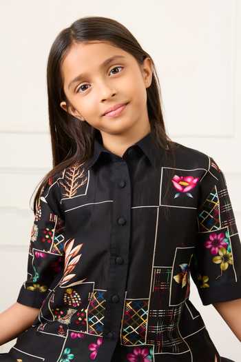 Mamma Plz Black Chanderi, Voile Patchwork Print Shirt And Skirt Set Online at Aza Fashions Mamma Plz_Black Chanderi, Voile Patchwork Print Shirt And Skirt Set _Online_at_Aza_Fashions