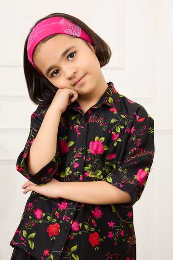Mamma Plz Black Chanderi Floral Print Shirt And Skirt Set Online at Aza Fashions Mamma Plz_Black Chanderi Floral Print Shirt And Skirt Set _Online_at_Aza_Fashions