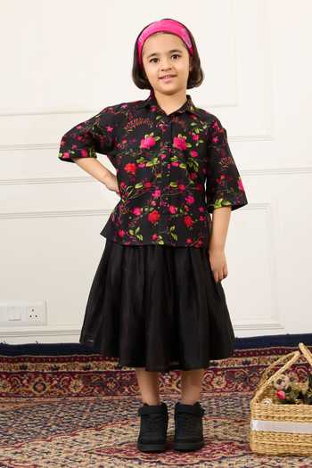Shop Mamma Plz Black Chanderi Floral Print Shirt And Skirt Set Online at Aza Fashions Shop_Mamma Plz_Black Chanderi Floral Print Shirt And Skirt Set _Online_at_Aza_Fashions