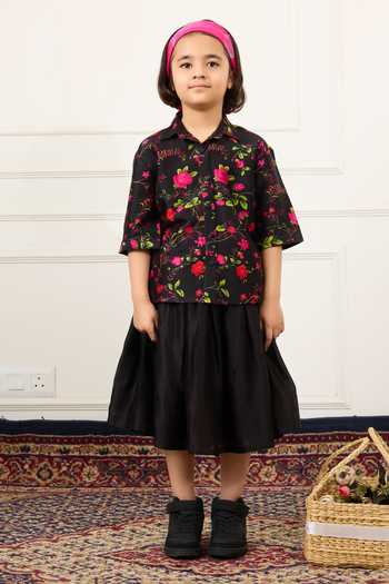 Mamma Plz Black Chanderi Floral Print Shirt And Skirt Set at Aza Fashions Mamma Plz_Black Chanderi Floral Print Shirt And Skirt Set _at_Aza_Fashions