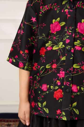Buy Mamma Plz Black Chanderi Floral Print Shirt And Skirt Set Buy_Mamma Plz_Black Chanderi Floral Print Shirt And Skirt Set