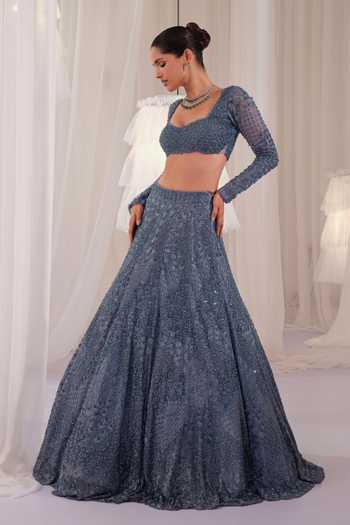 K&A By Karishma and Ashita Blue Net Sweetheart Neck Embroidered Blouse And Lehenga Set Online at Aza Fashions K&A By Karishma and Ashita_Blue Net Sweetheart Neck Embroidered Blouse And Lehenga Set _Online_at_Aza_Fashions
