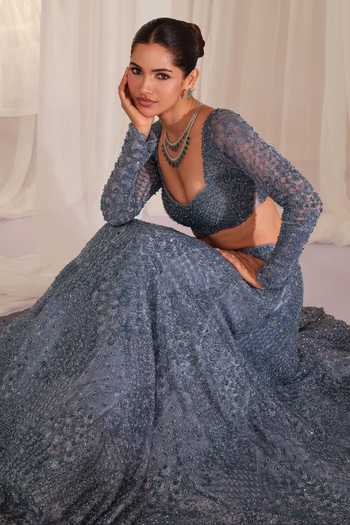 Shop K&A By Karishma and Ashita Blue Net Sweetheart Neck Embroidered Blouse And Lehenga Set Online at Aza Fashions Shop_K&A By Karishma and Ashita_Blue Net Sweetheart Neck Embroidered Blouse And Lehenga Set _Online_at_Aza_Fashions