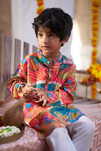 Funny Bones Clothings Red Silk Rang Mahal Printed Kurta Set Online at Aza Fashions Funny Bones Clothings_Red Silk Rang Mahal Printed Kurta Set _Online_at_Aza_Fashions